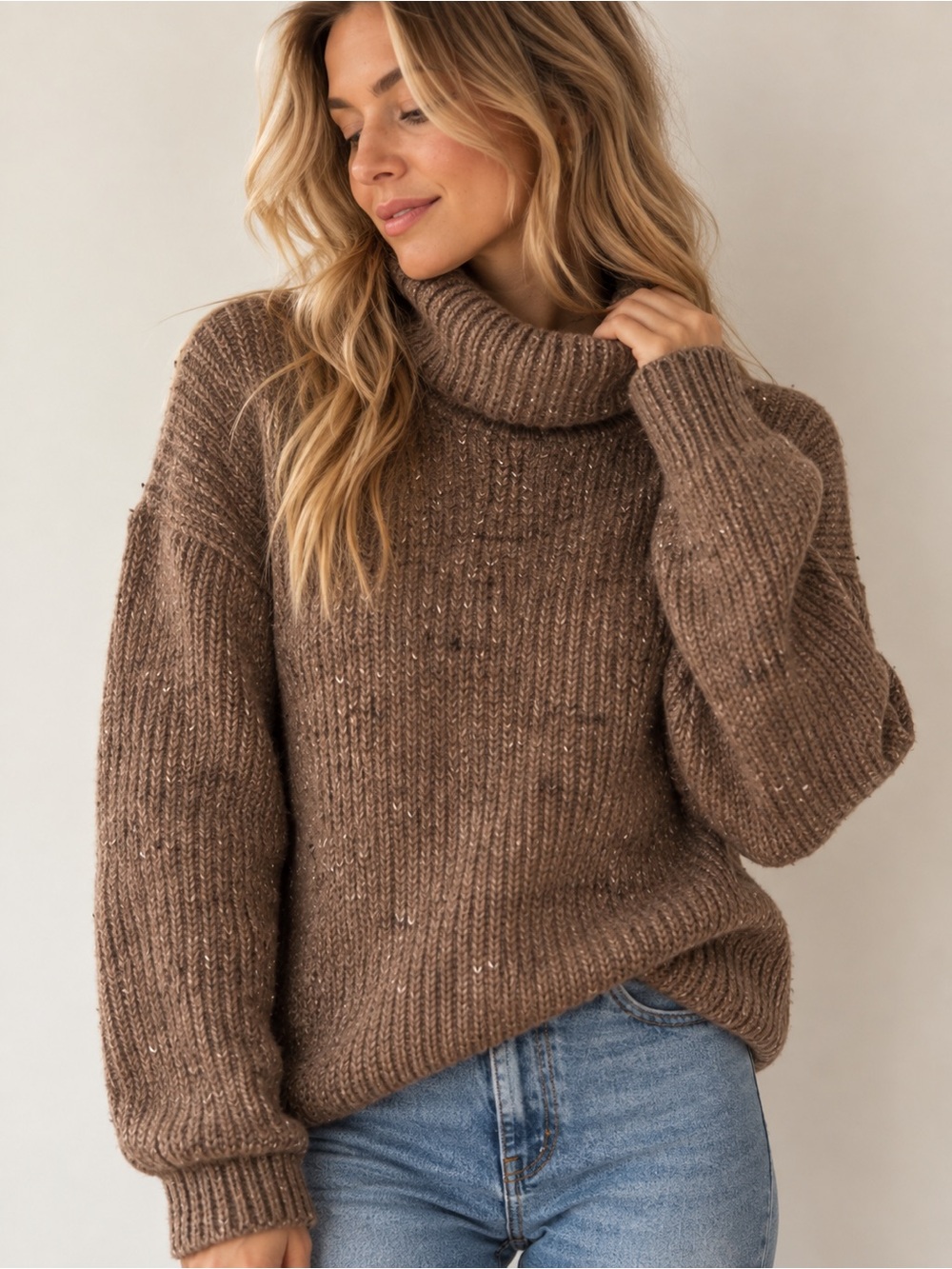 RW&CO Camber & Grace Brown Speckled Turtleneck Sweater Chunky Knit